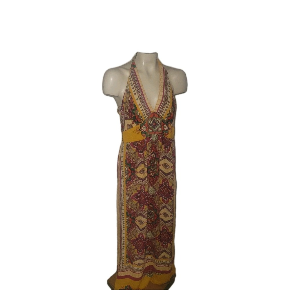 WET SEAL Halter Maxi Dress L Paisley Boho Festival Y2K 90S Stretch Ethnic Beach